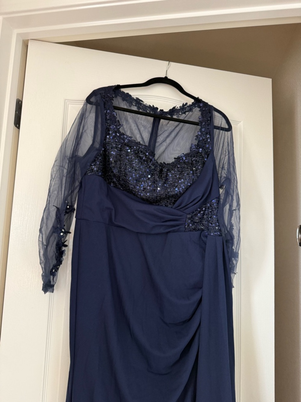 SHEIN Navy Sequin Mesh Sleeve Evening Dress